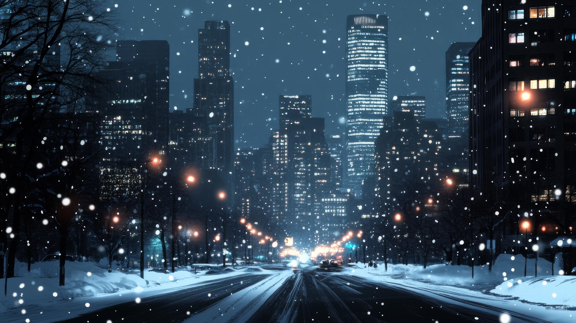 Aesthetic winter wallpaper of a minimalist winter skyline at night.