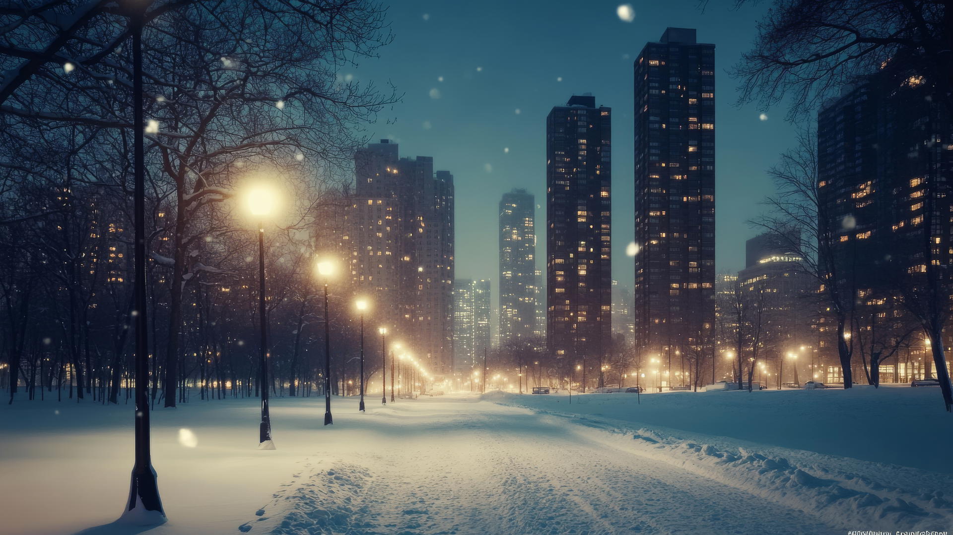Aesthetic winter wallpaper with sleek city buildings and snow-covered streets