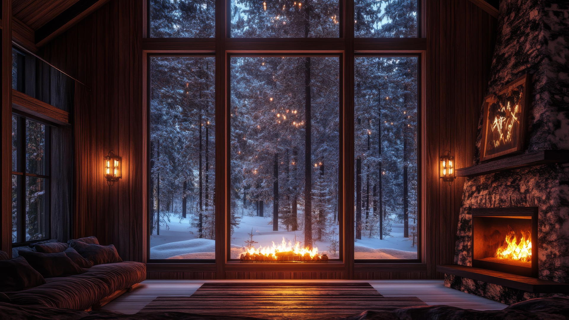 aesthetic winter wallpaper with cozy cabin interior, snow-covered forest view, and warm fireplace glow