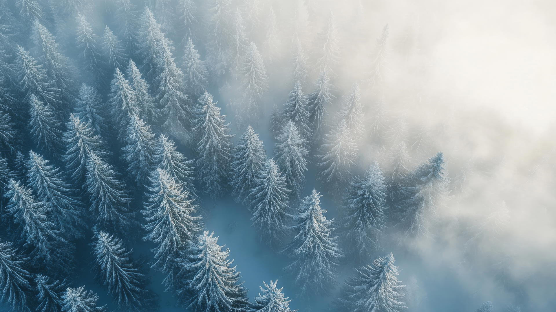 Aesthetic winter wallpaper with snow-covered pine tree forest and swirling mist