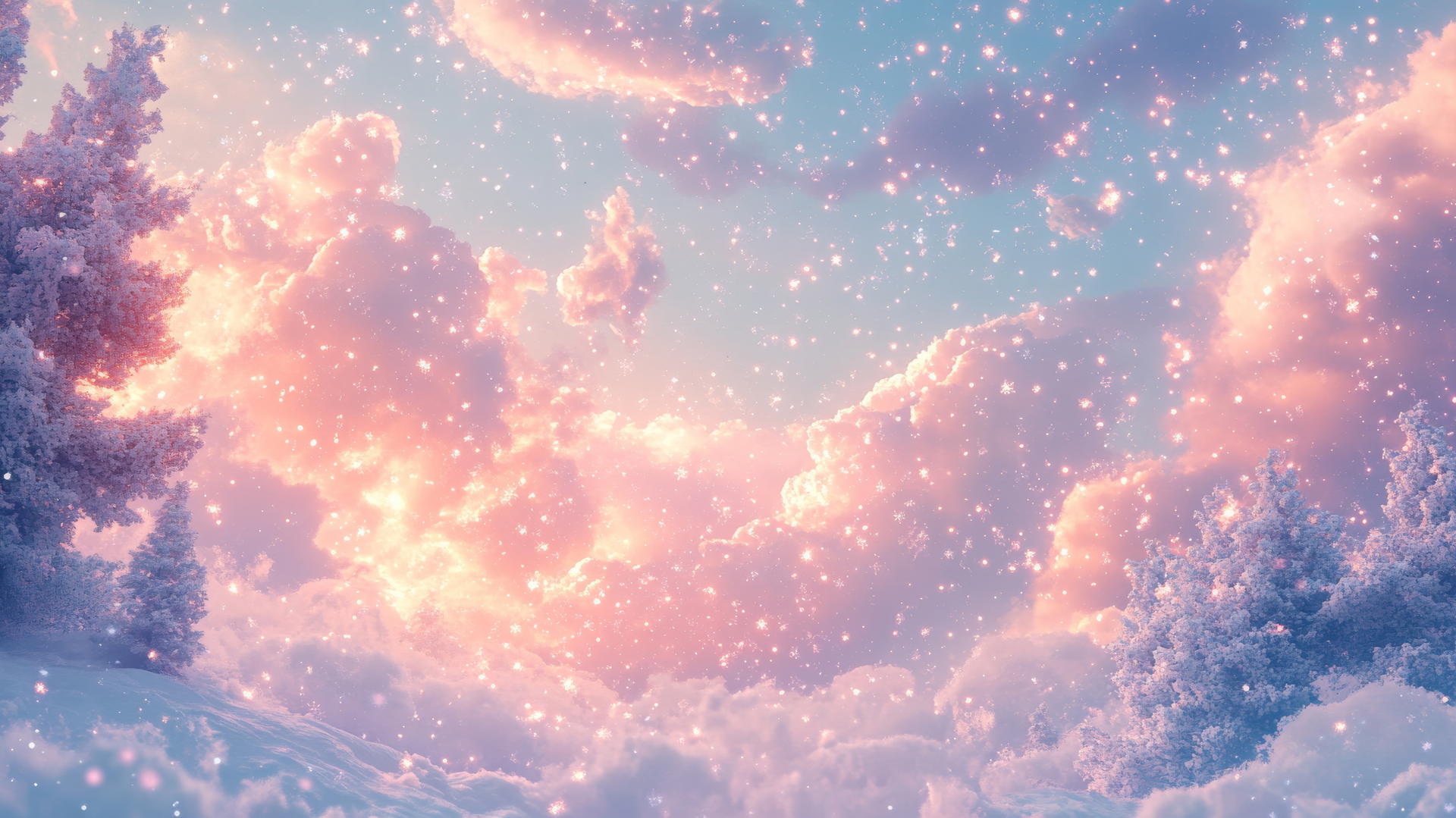 A whimsical winter sky with glowing pastel-colored clouds and falling snowflakes, aesthetic winter wallpaper.