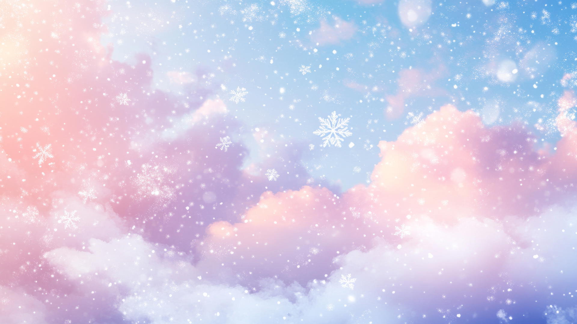Aesthetic winter wallpaper with whimsical pastel clouds and falling snowflakes