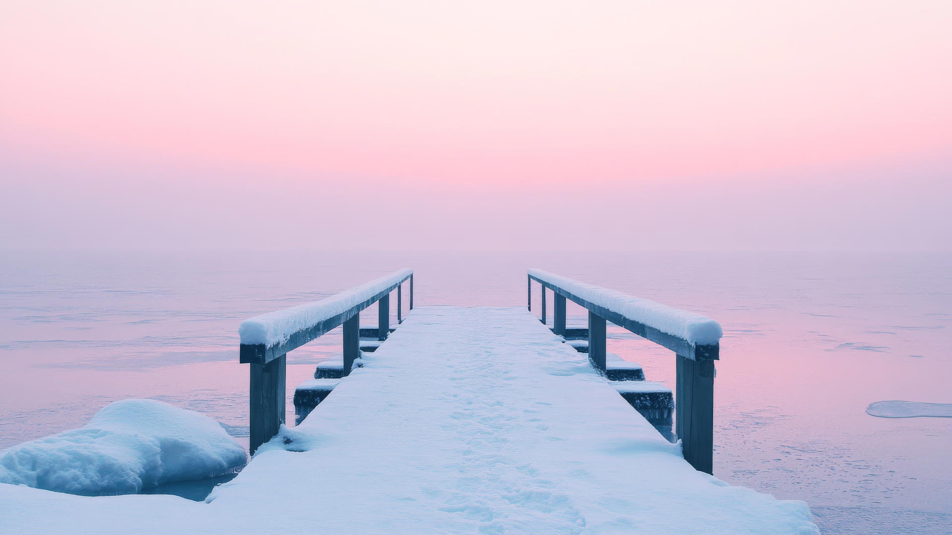 aesthetic winter wallpaper with snow-dusted pier on frozen lake under pale pink sunset