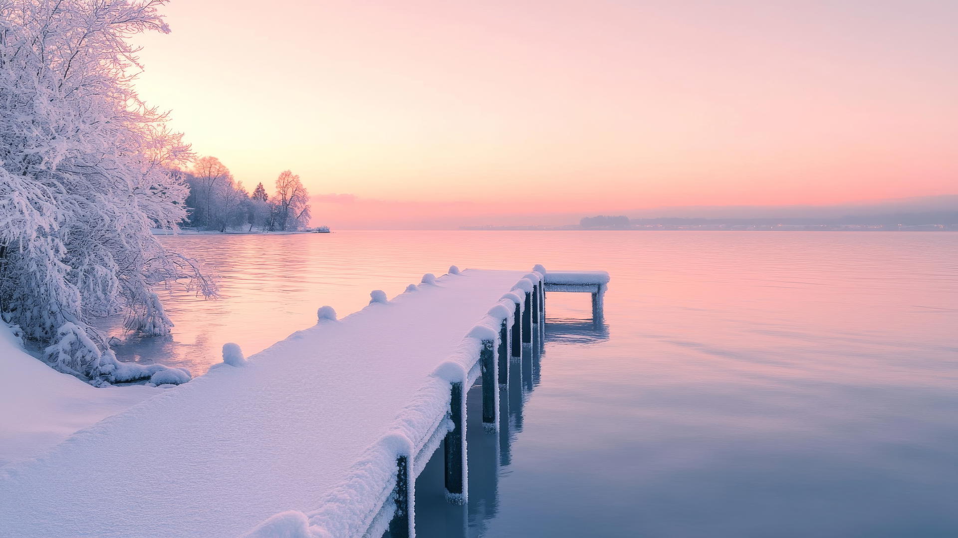 aesthetic winter wallpaper with snow-dusted pier and pale pink sunset over a frozen lake