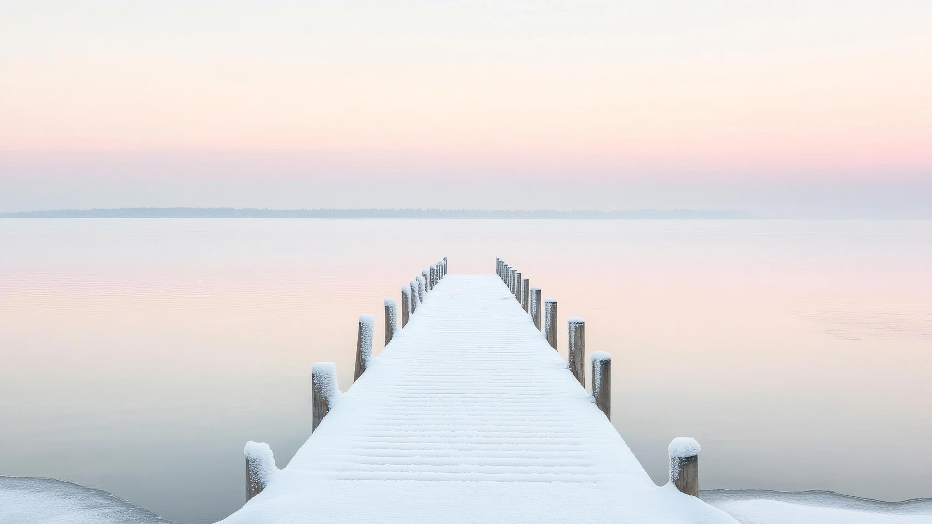 aesthetic winter wallpaper featuring a snow-dusted pier on a calm, frozen lake under a pale pink sunset
