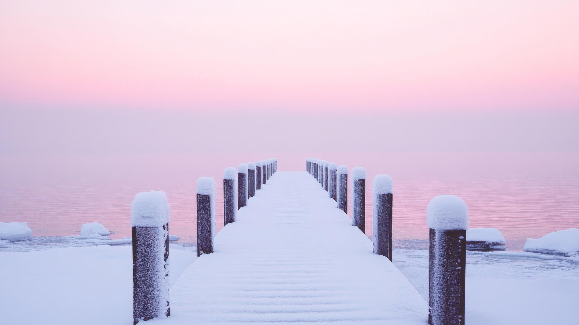 aesthetic winter wallpaper with snow-dusted pier and frozen lake under pale pink sunset