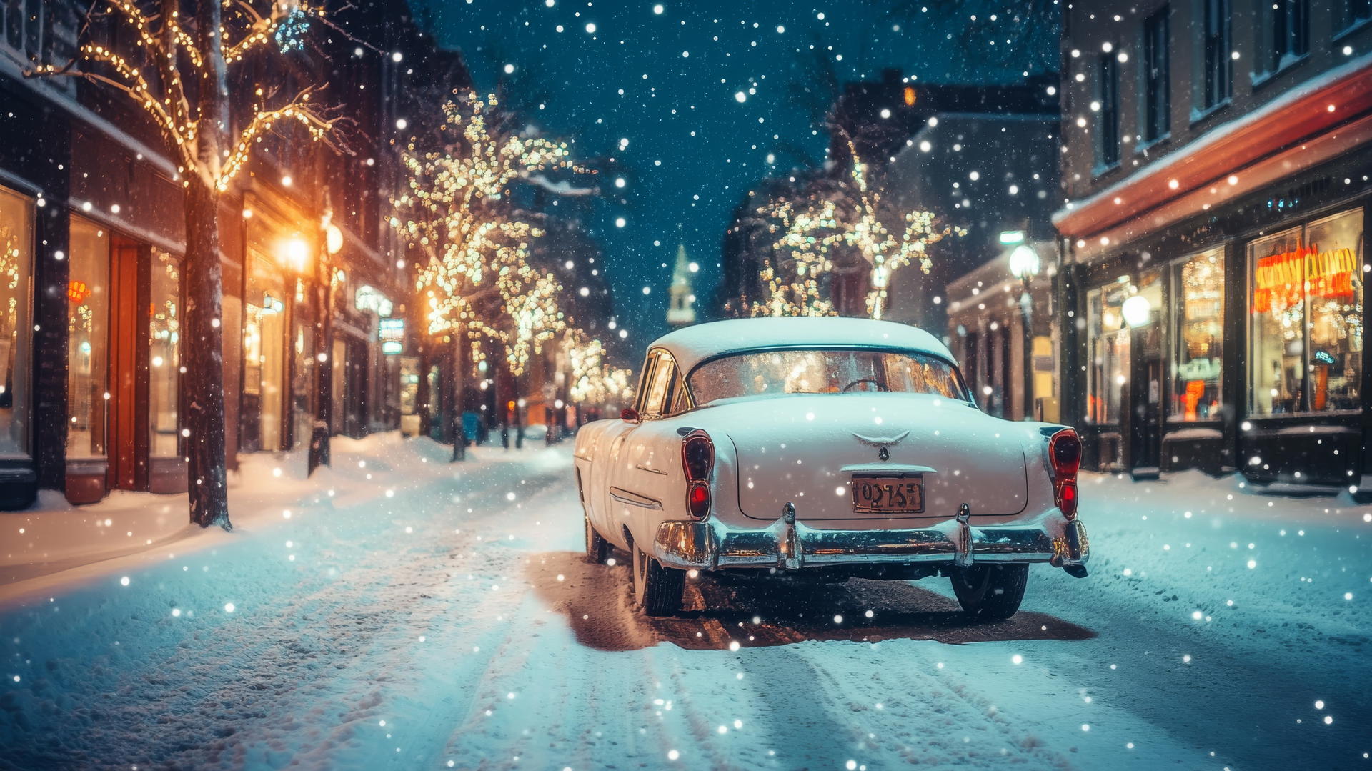 aesthetic winter wallpaper of a vintage car on a snow-covered street with warm shop lights