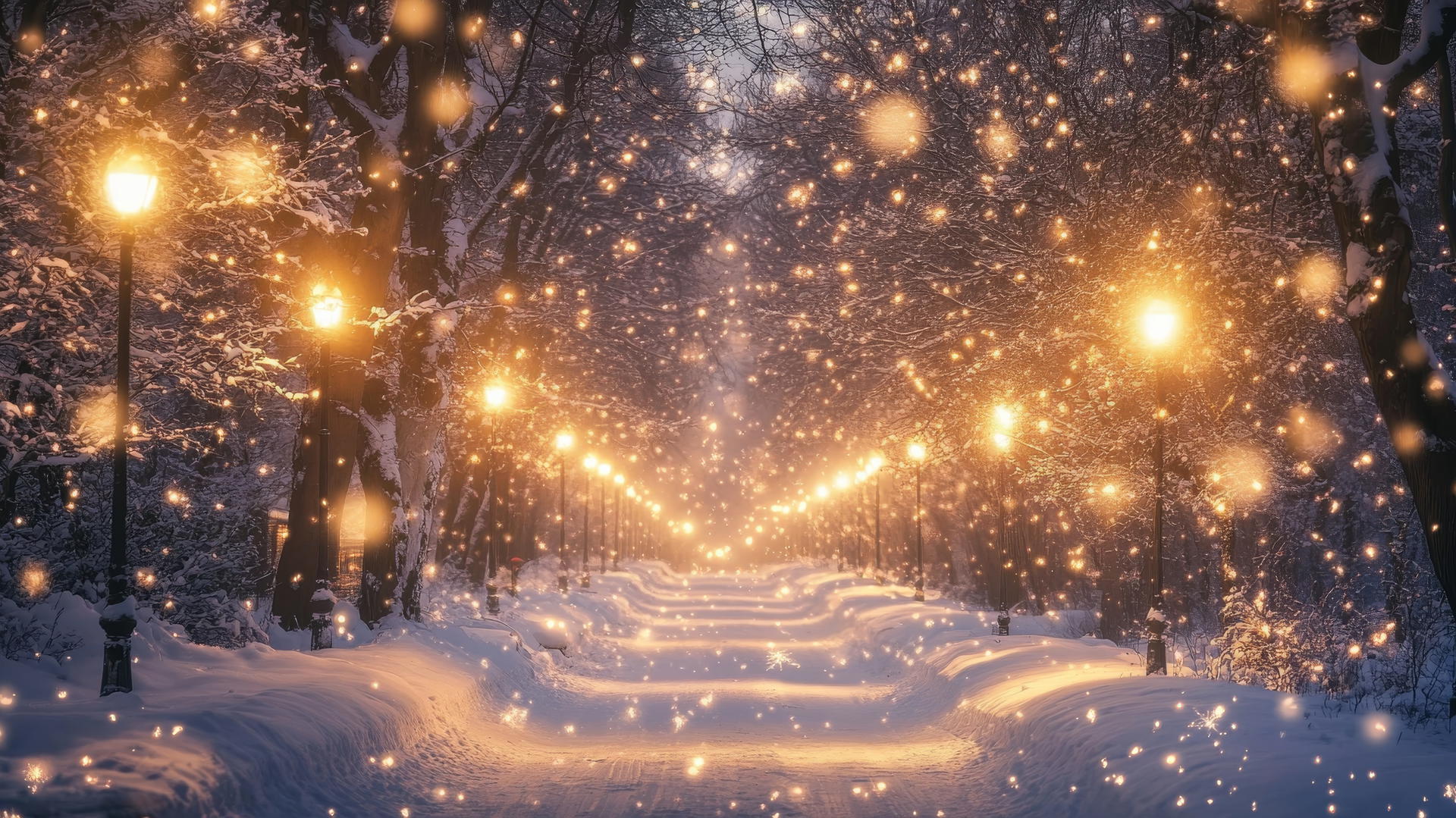 winter wallpaper with snow-covered pathway and frost-covered trees illuminated by golden streetlights