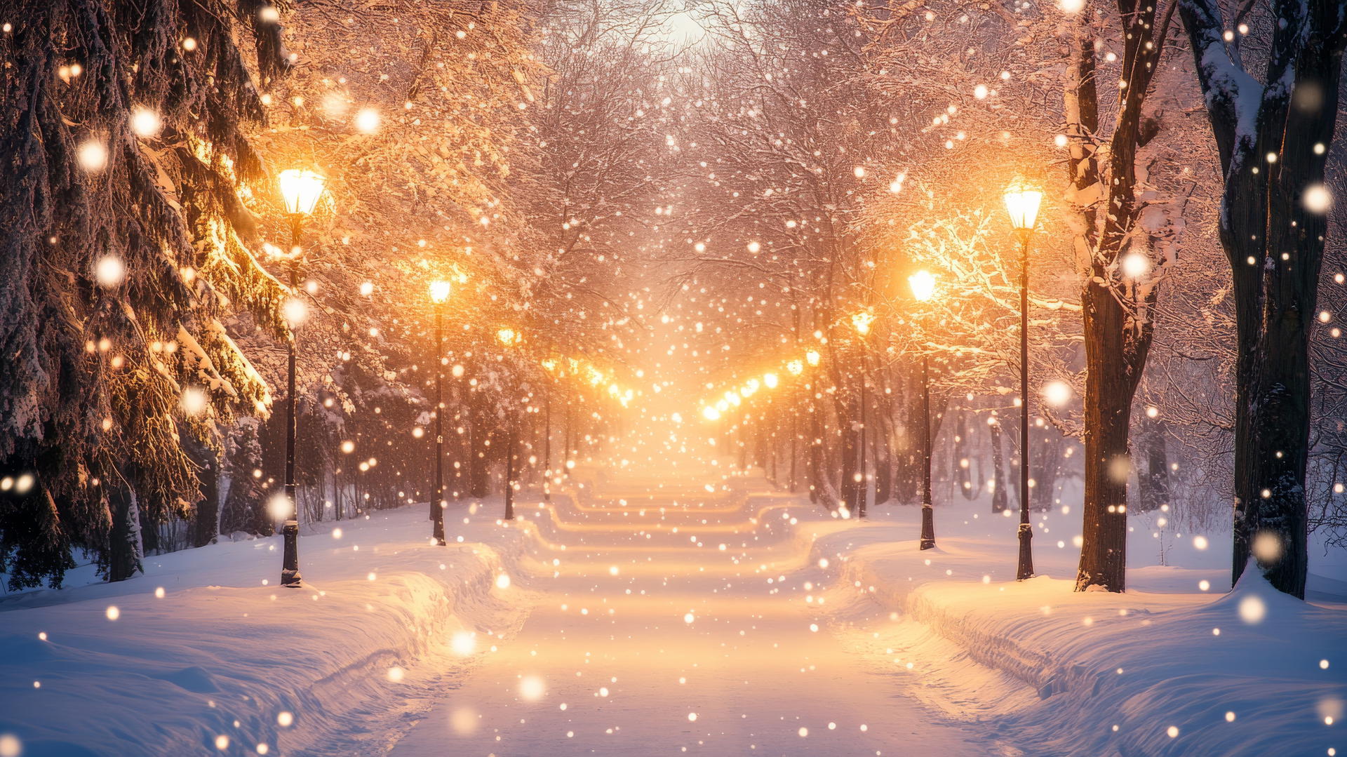 Winter wallpaper of snow-covered pathway with frost-covered trees and golden streetlights.