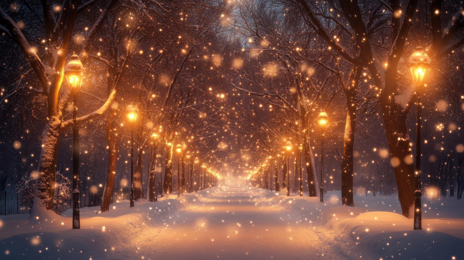 Winter wallpaper featuring a snow-covered pathway with frost-covered trees and golden streetlights.