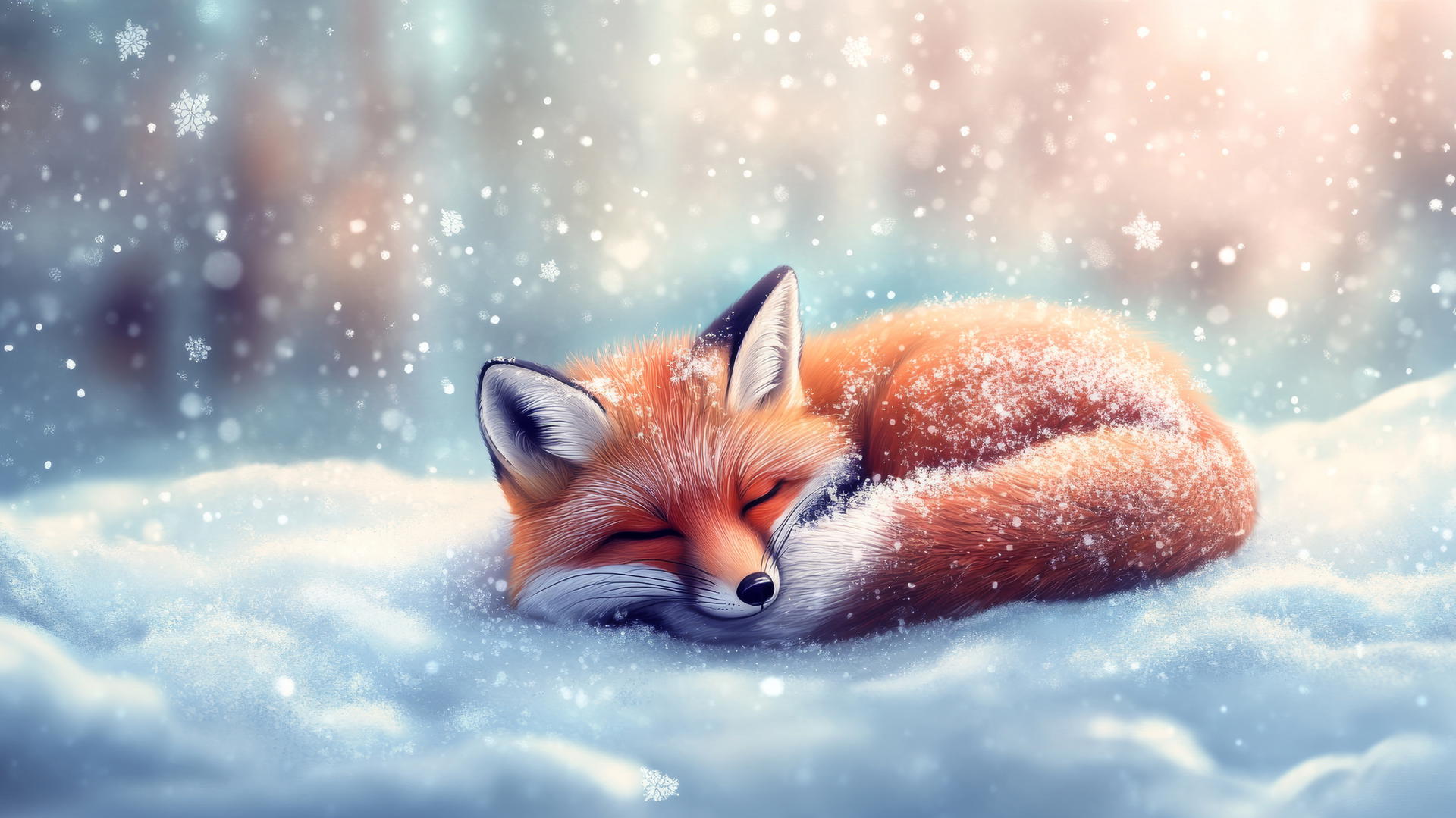 cute winter wallpaper of a sleepy fox curled up in the snow with snowflakes on its fur