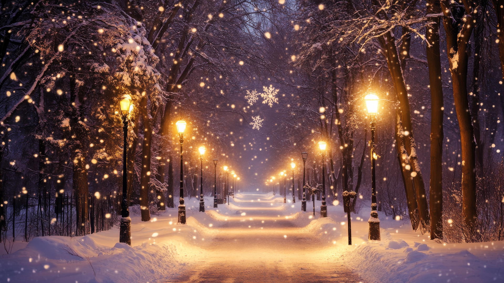 A beautiful winter wallpaper of a snowy path with vintage street lamps and trees covered in snow.