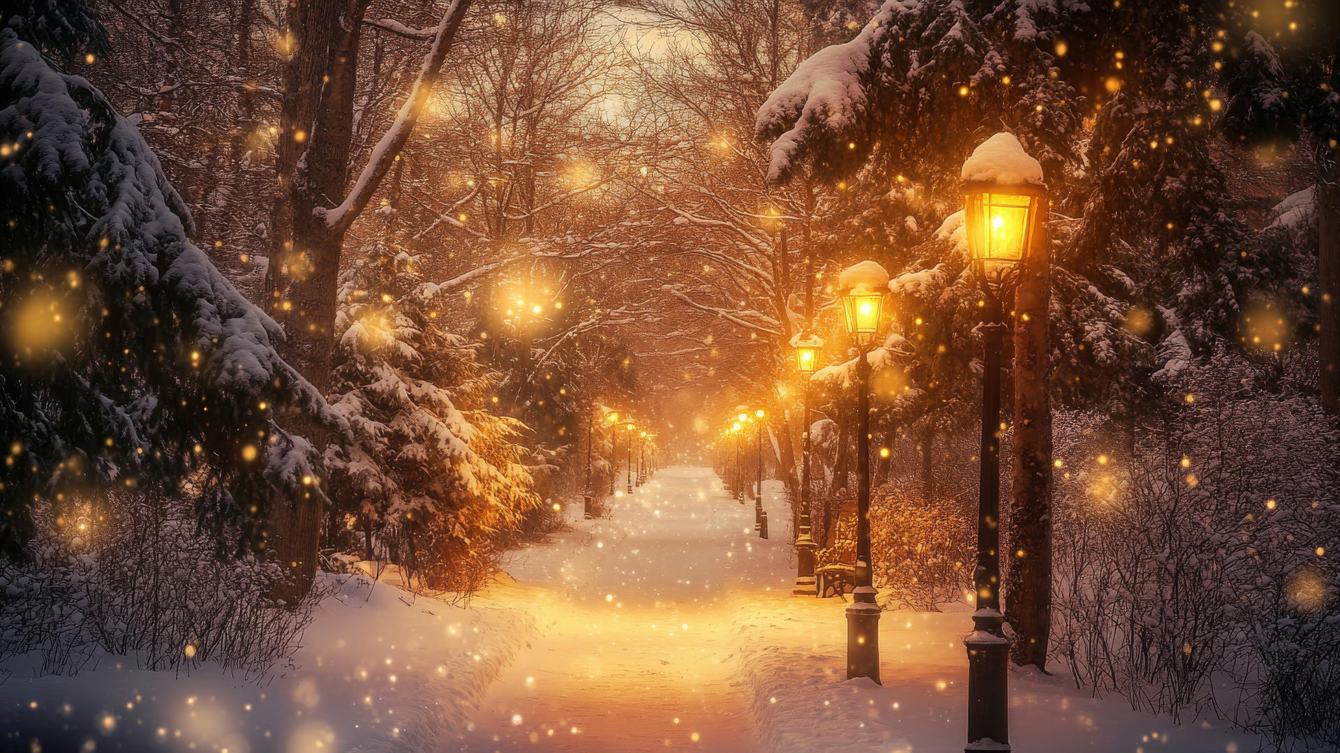 A beautiful winter wallpaper featuring a snowy pathway with vintage street lamps and twinkling snowflakes.