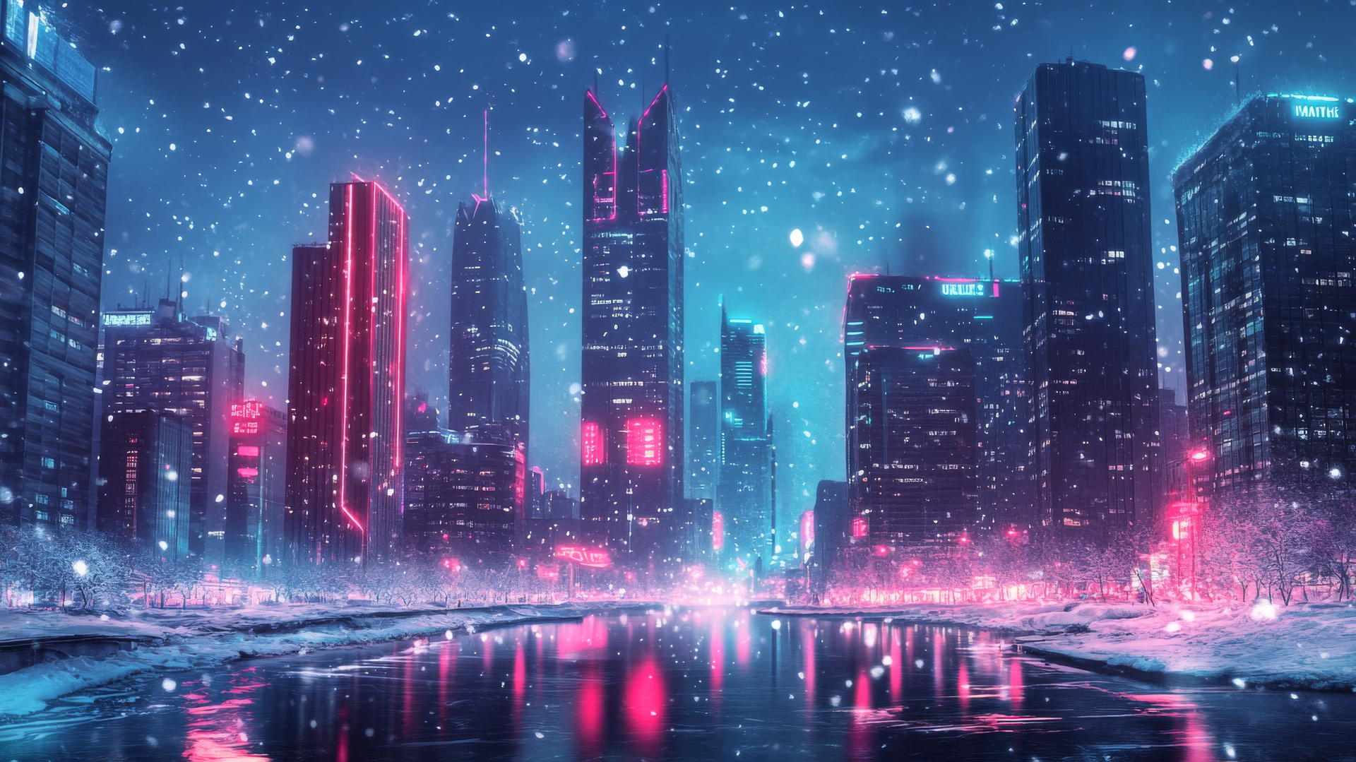 futuristic winter cityscape with glowing neon lights and snowflakes