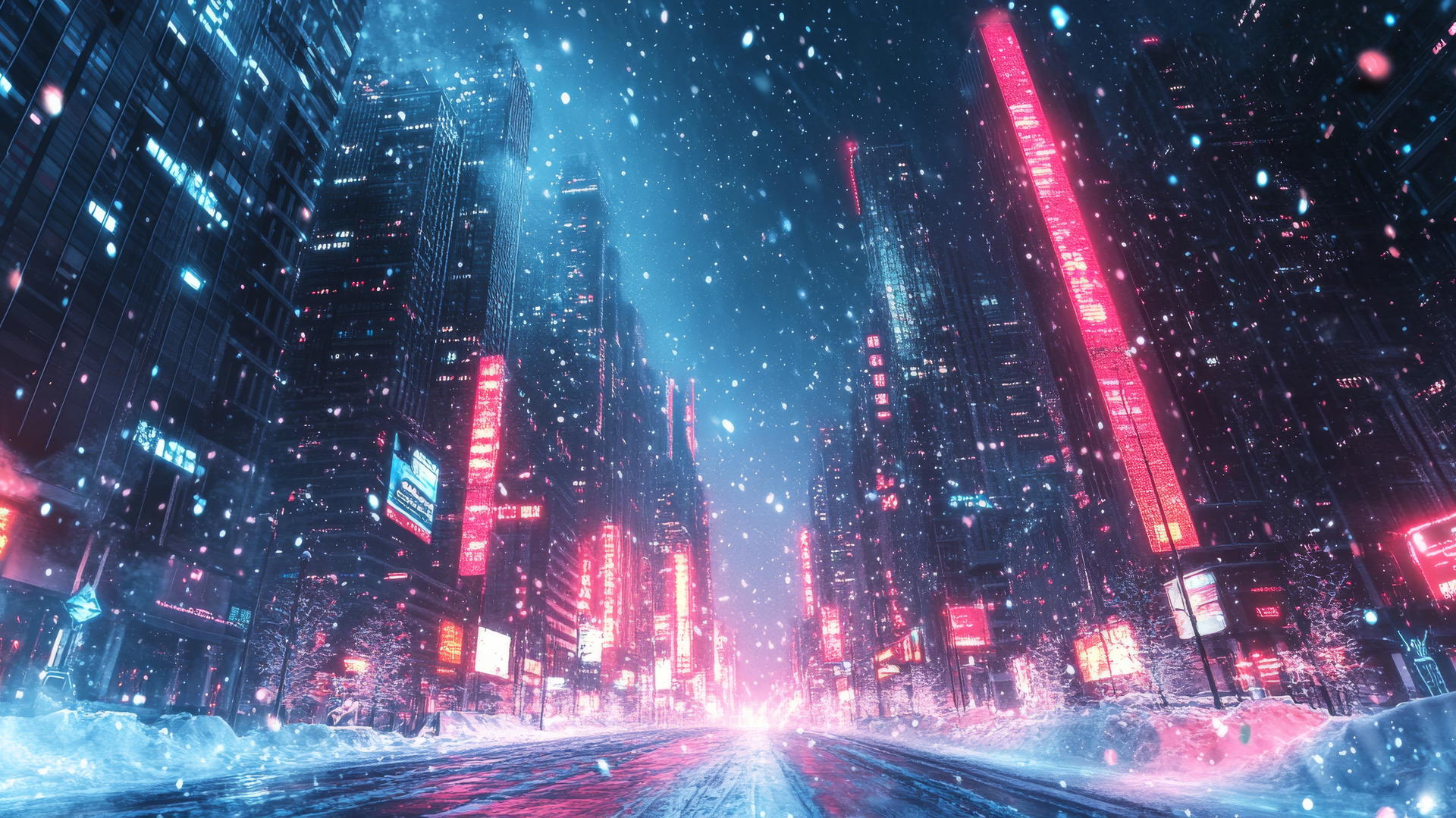 futuristic winter cityscape with neon lights, snowflakes, and skyscrapers