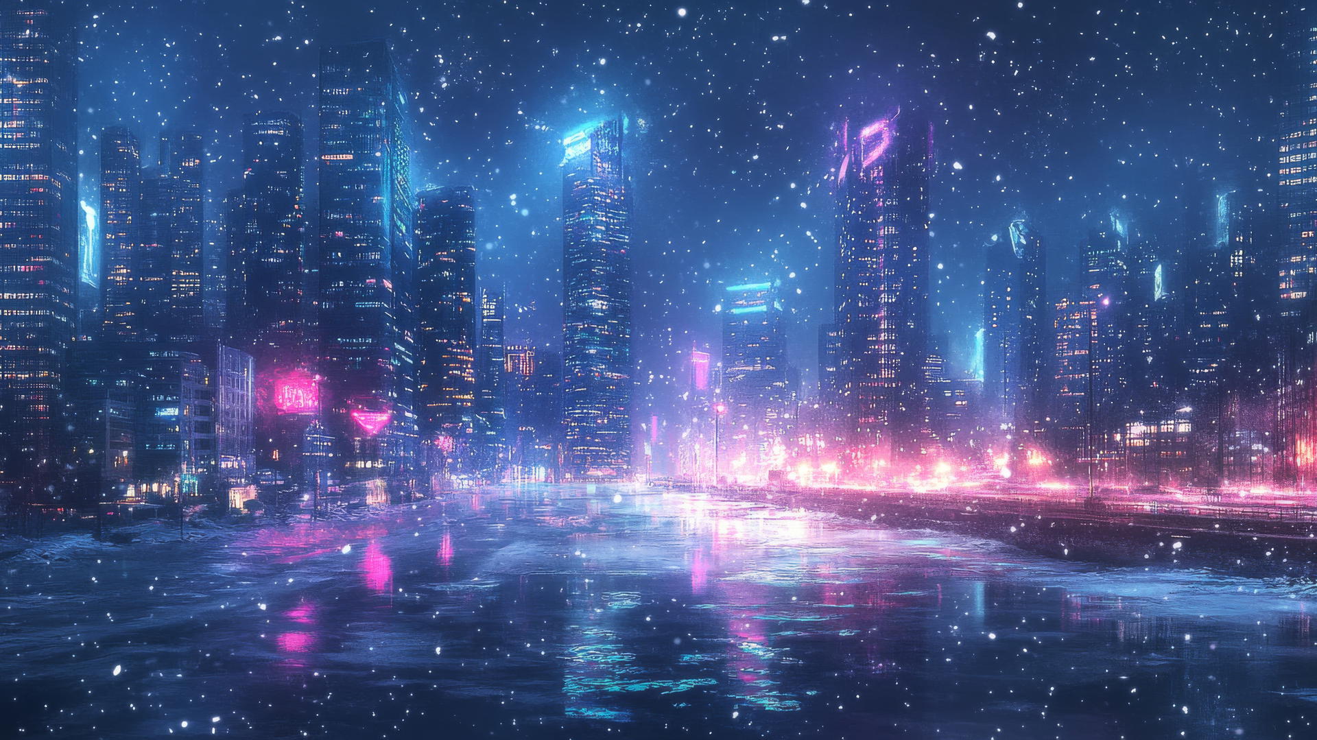 Futuristic winter background wallpaper with snowy skyscrapers and neon lights