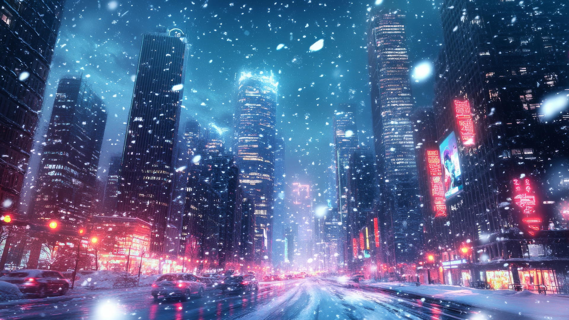 Futuristic winter cityscape with neon lights and snowflakes falling