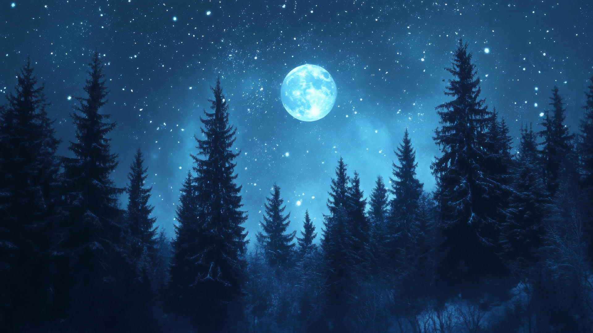 beautiful winter wallpaper with snow-covered pines and a moonlit sky