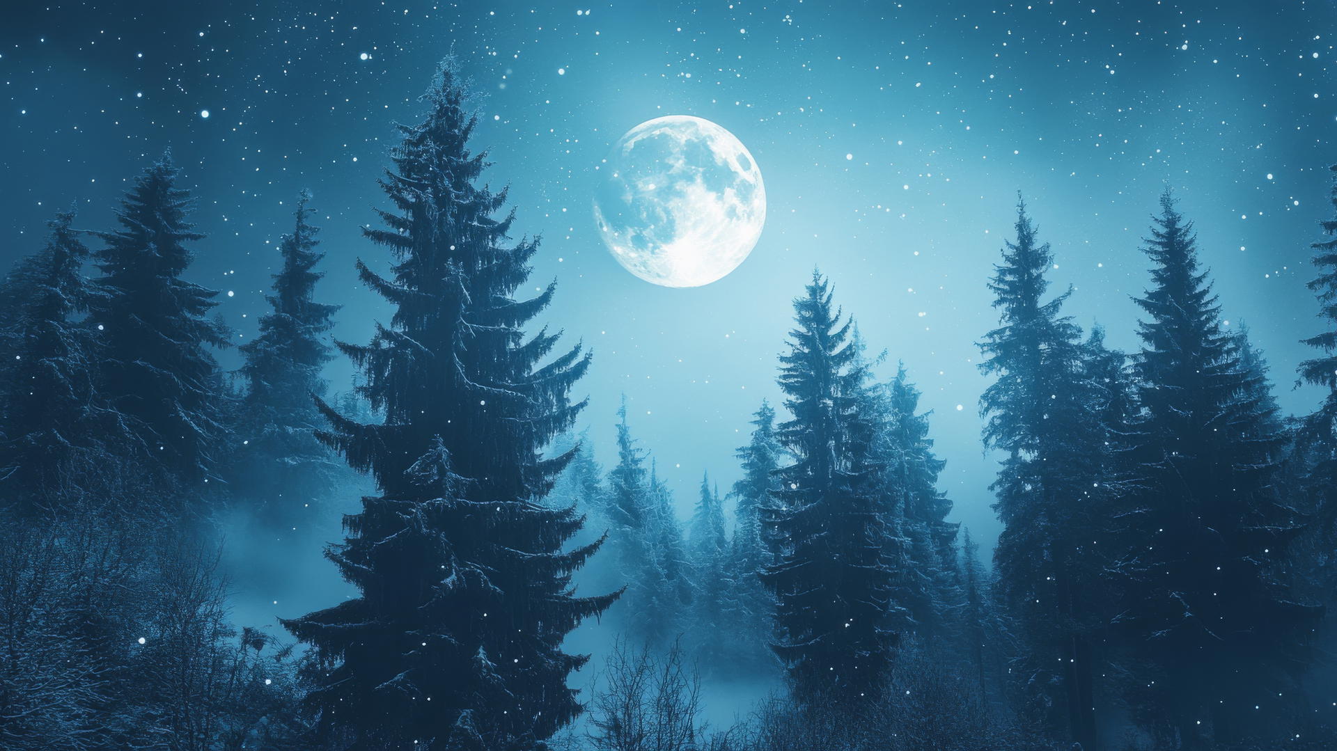 beautiful winter wallpaper with snow-covered pines and a star-filled sky