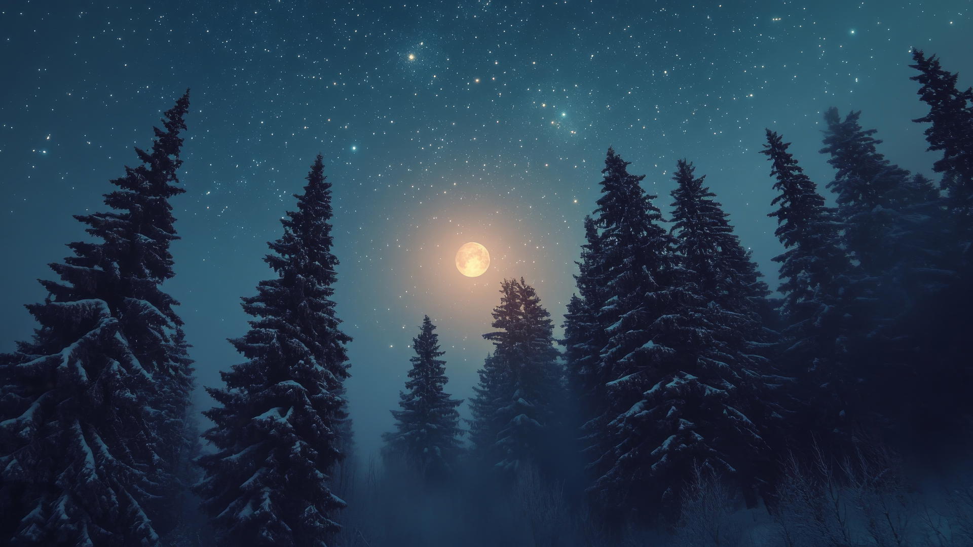 beautiful winter wallpaper with snow-covered pines against a starry sky