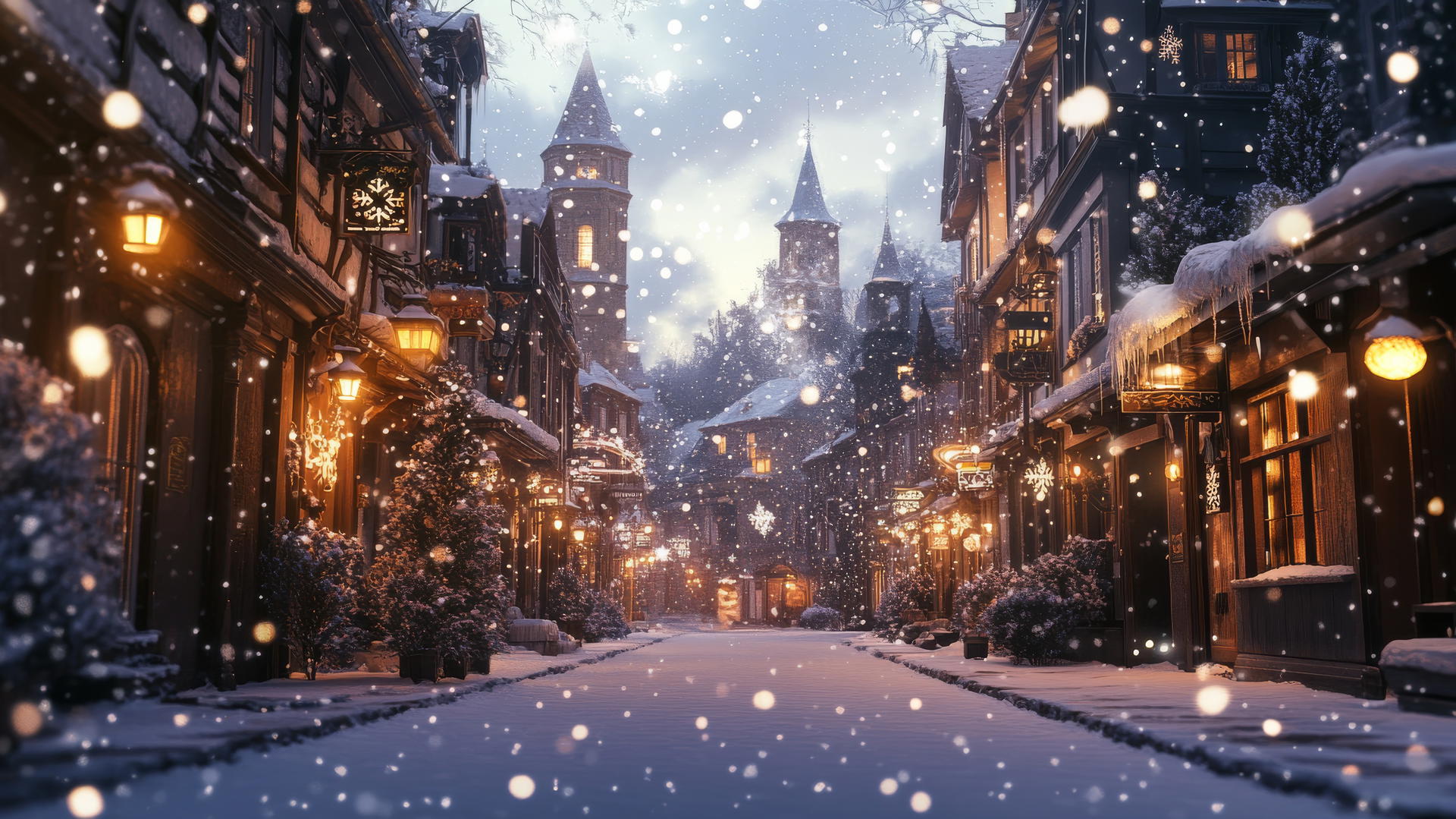 Winter wallpaper aesthetic of vintage street in snowy village