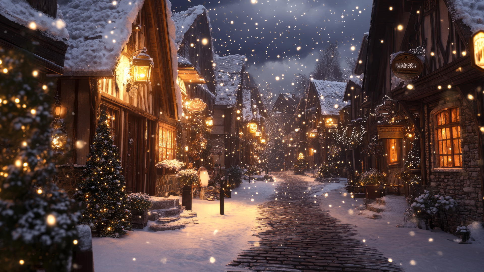 vintage street in small winter village, snow-covered rooftops, glowing lanterns, gentle snowflakes, winter wallpaper aesthetic
