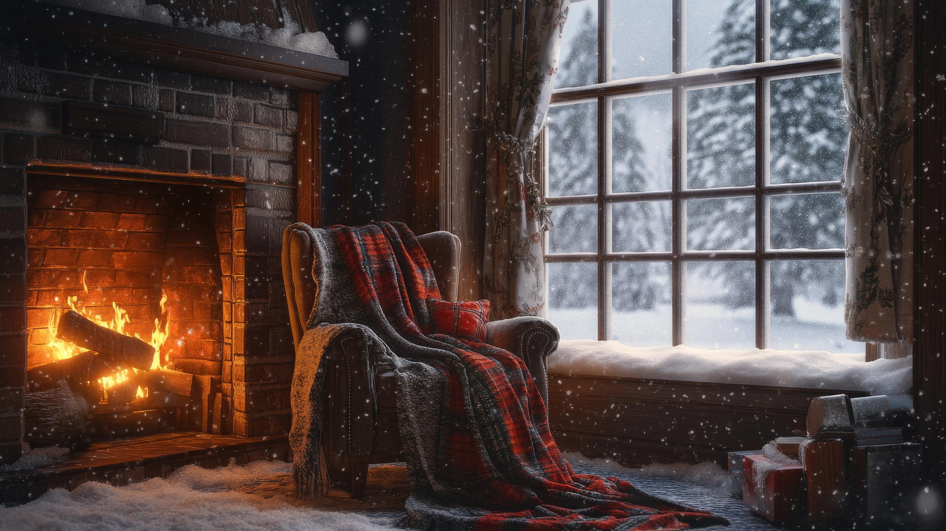chic winter fashion scene with wool coat, scarf, fireplace, snow, winter wallpaper aesthetic