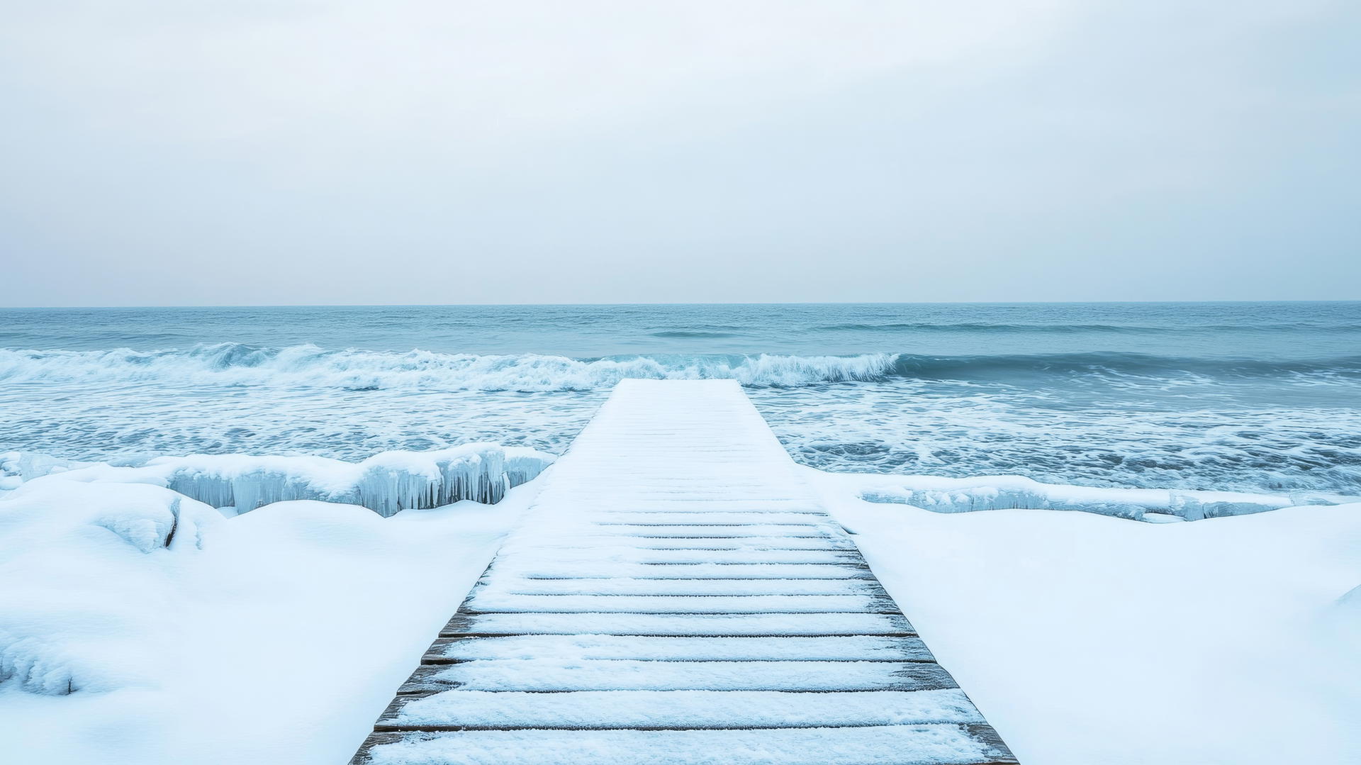 snowy boardwalk leading to a frozen beach in a winter wallpaper aesthetic