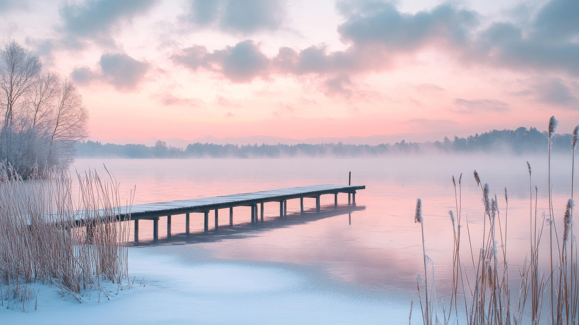 winter wallpaper aesthetic with serene winter lake, wooden pier, frosty reeds, pastel pink and blue sky
