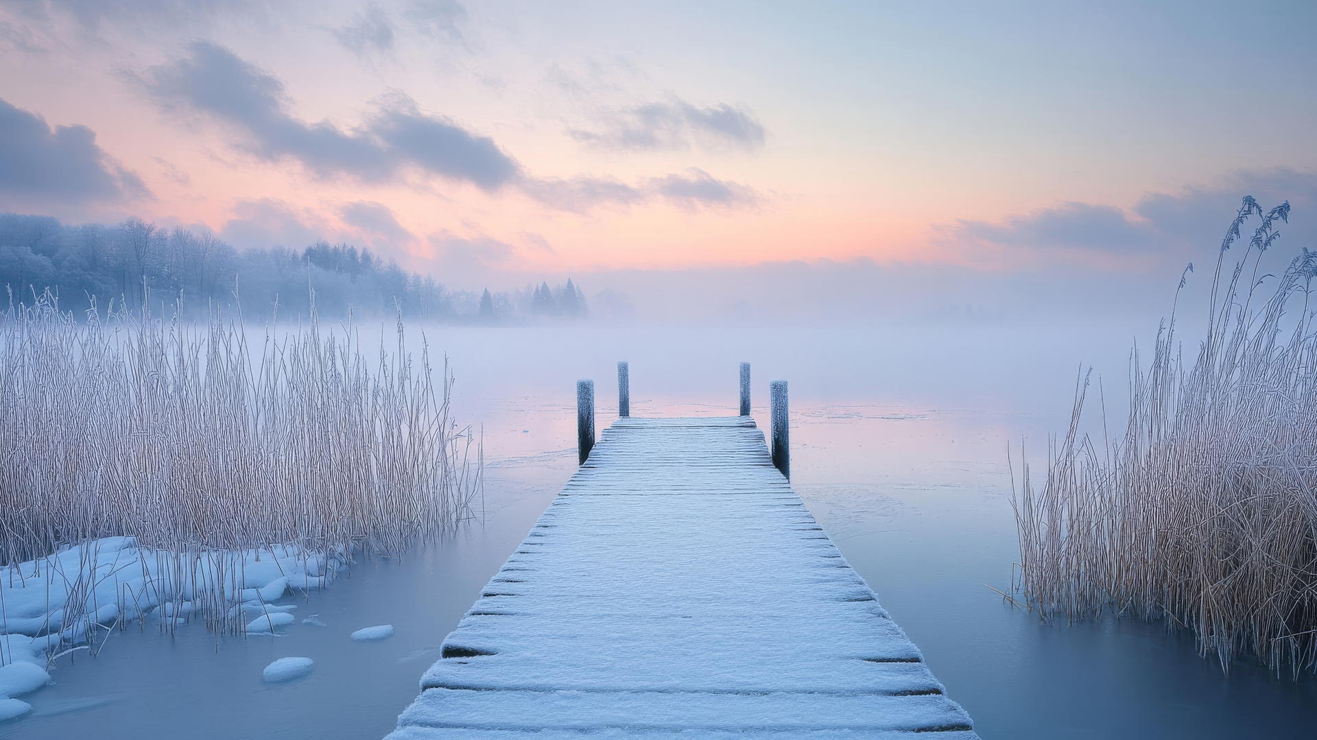 winter wallpaper aesthetic with serene winter lake, wooden pier, frosty reeds, pastel pink and blue sky.