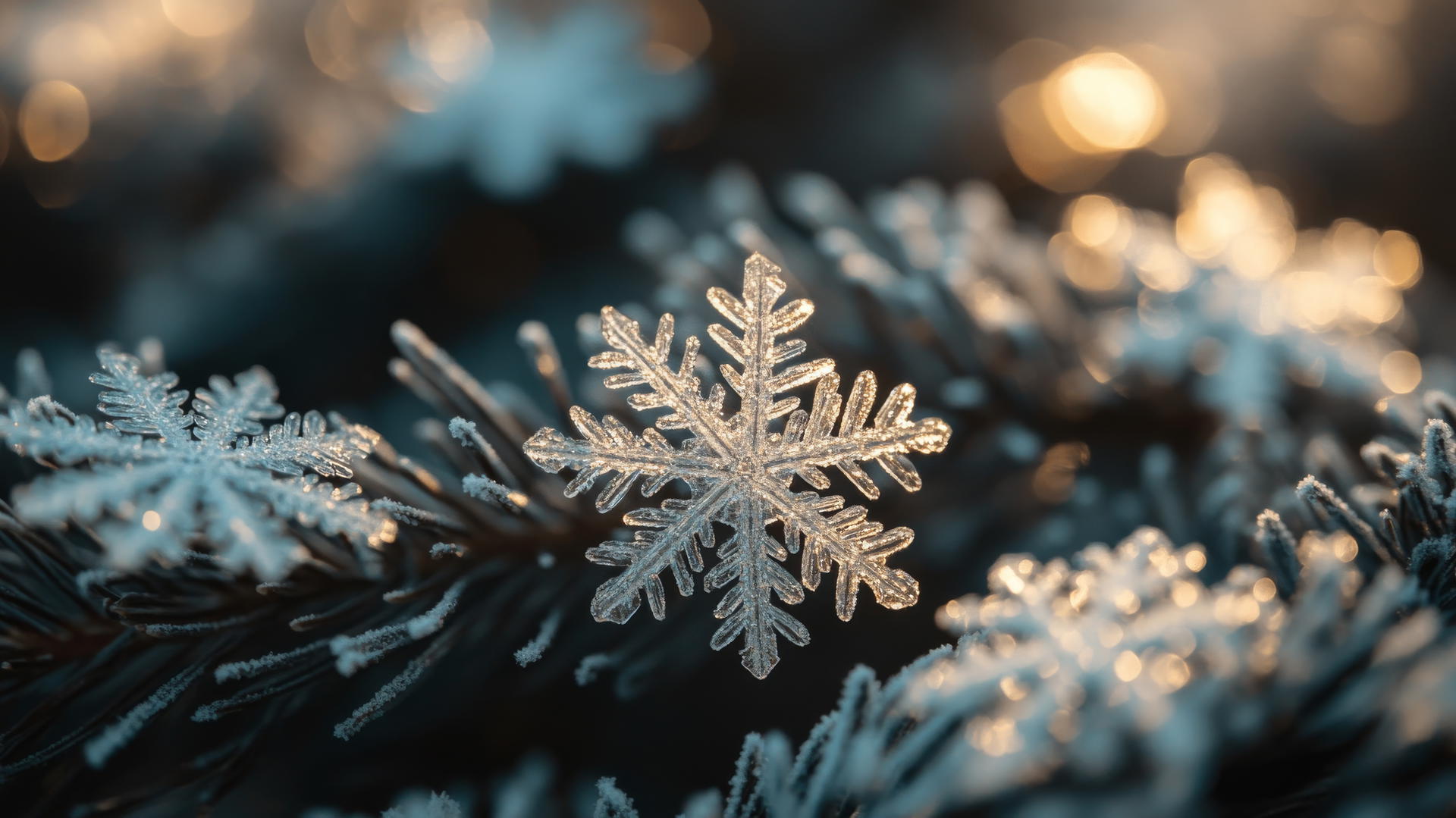 Delicate snowflakes on pine needles in sunlight, winter wallpaper aesthetic