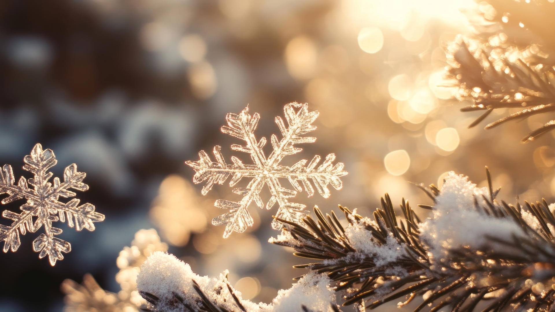 winter wallpaper aesthetic with delicate snowflakes on pine needles