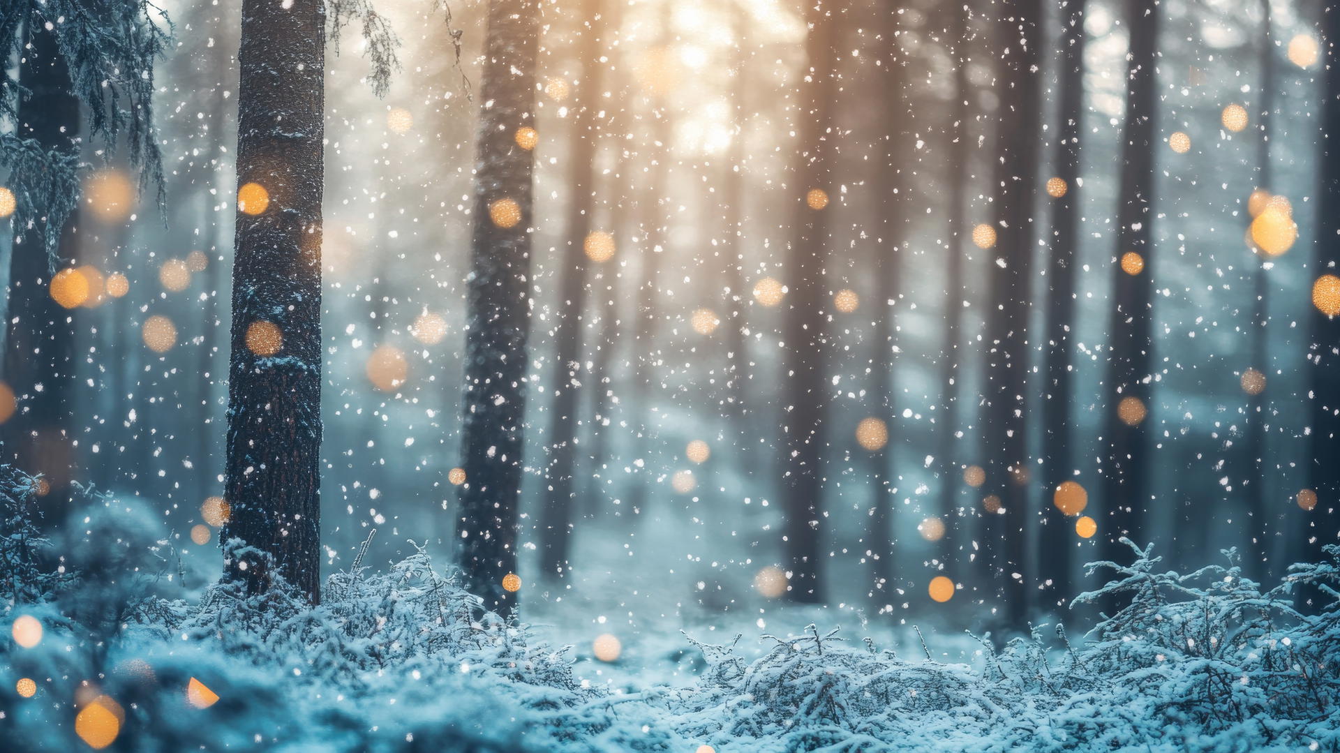 winter wallpaper aesthetic with soft-focus winter forest, snowy trees, and falling snowflakes