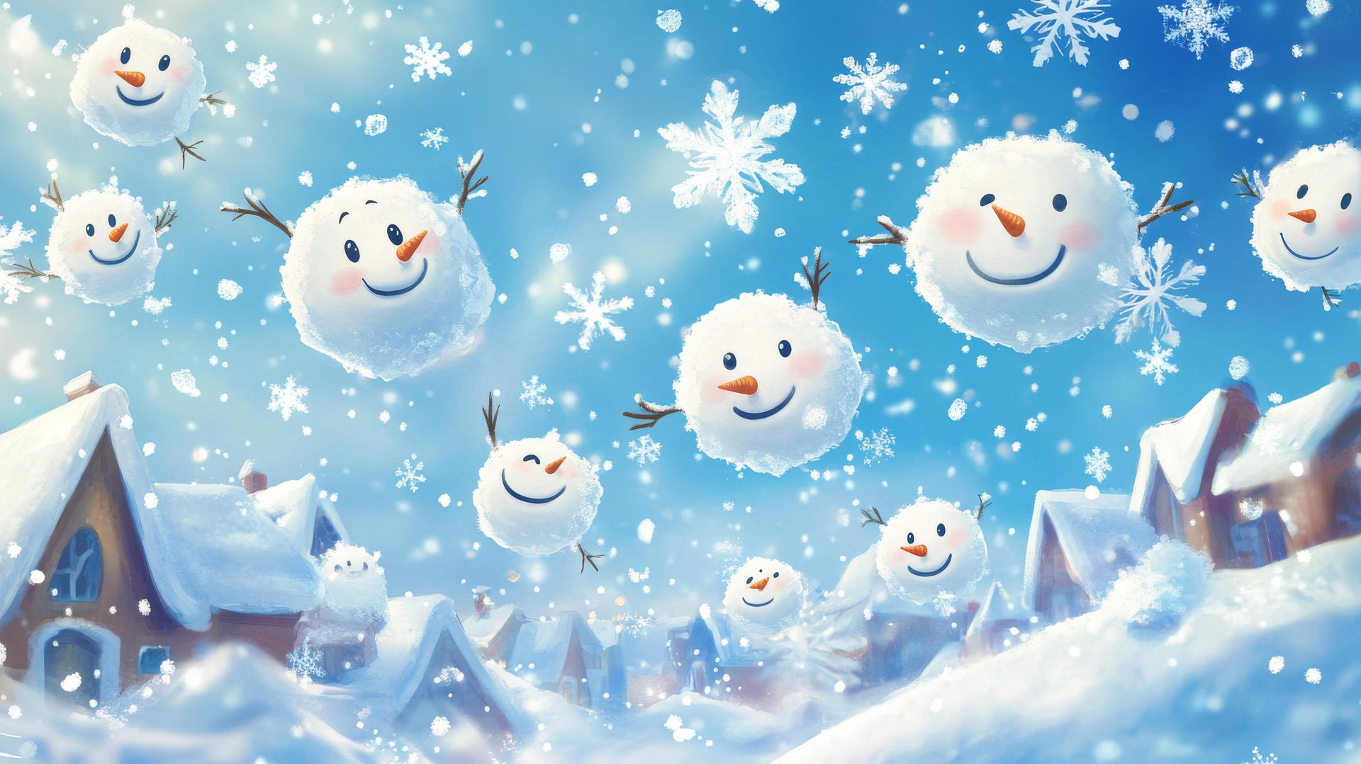cute winter wallpaper with cartoon-style smiling snowflakes dancing over a snowy town