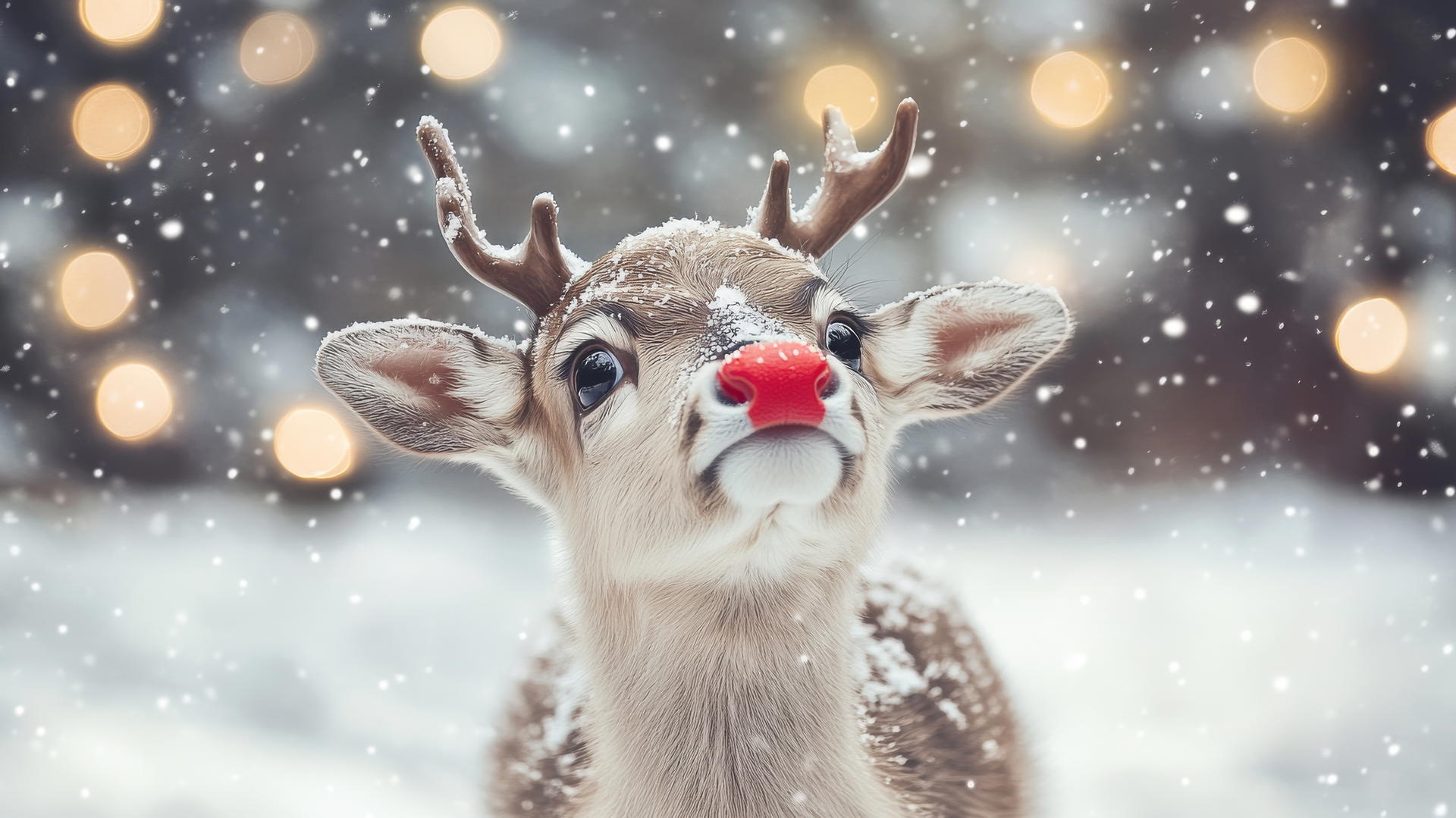 cute winter wallpaper with reindeer calf, red nose, twinkling lights, snow