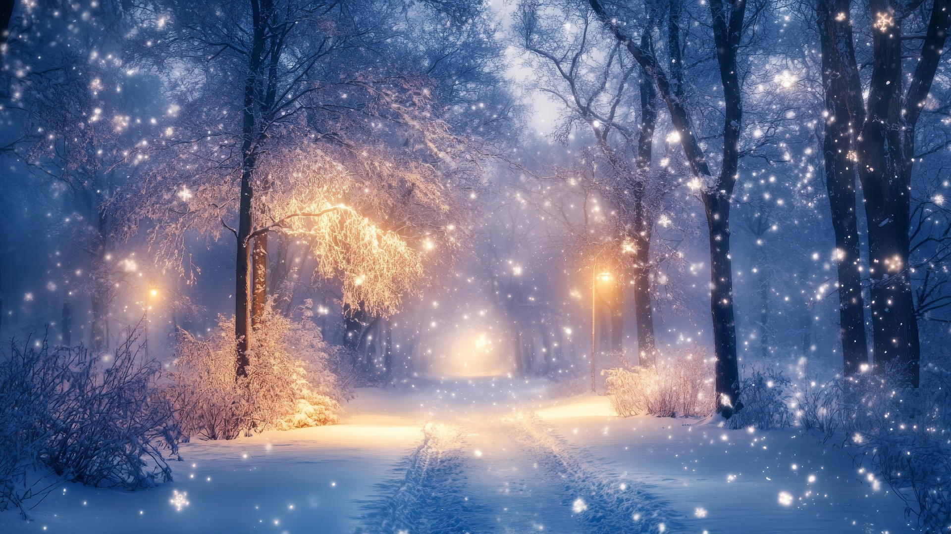 Winter wonderland wallpaper with snow-covered trees and moonlight
