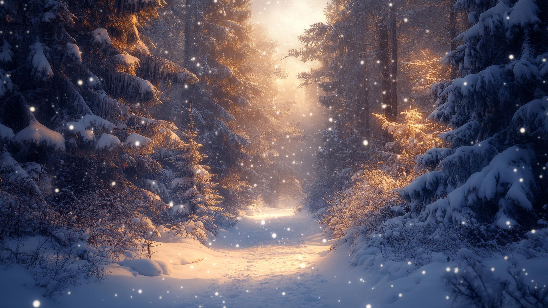 winter wonderland wallpaper with glowing snow-covered trees under moonlight