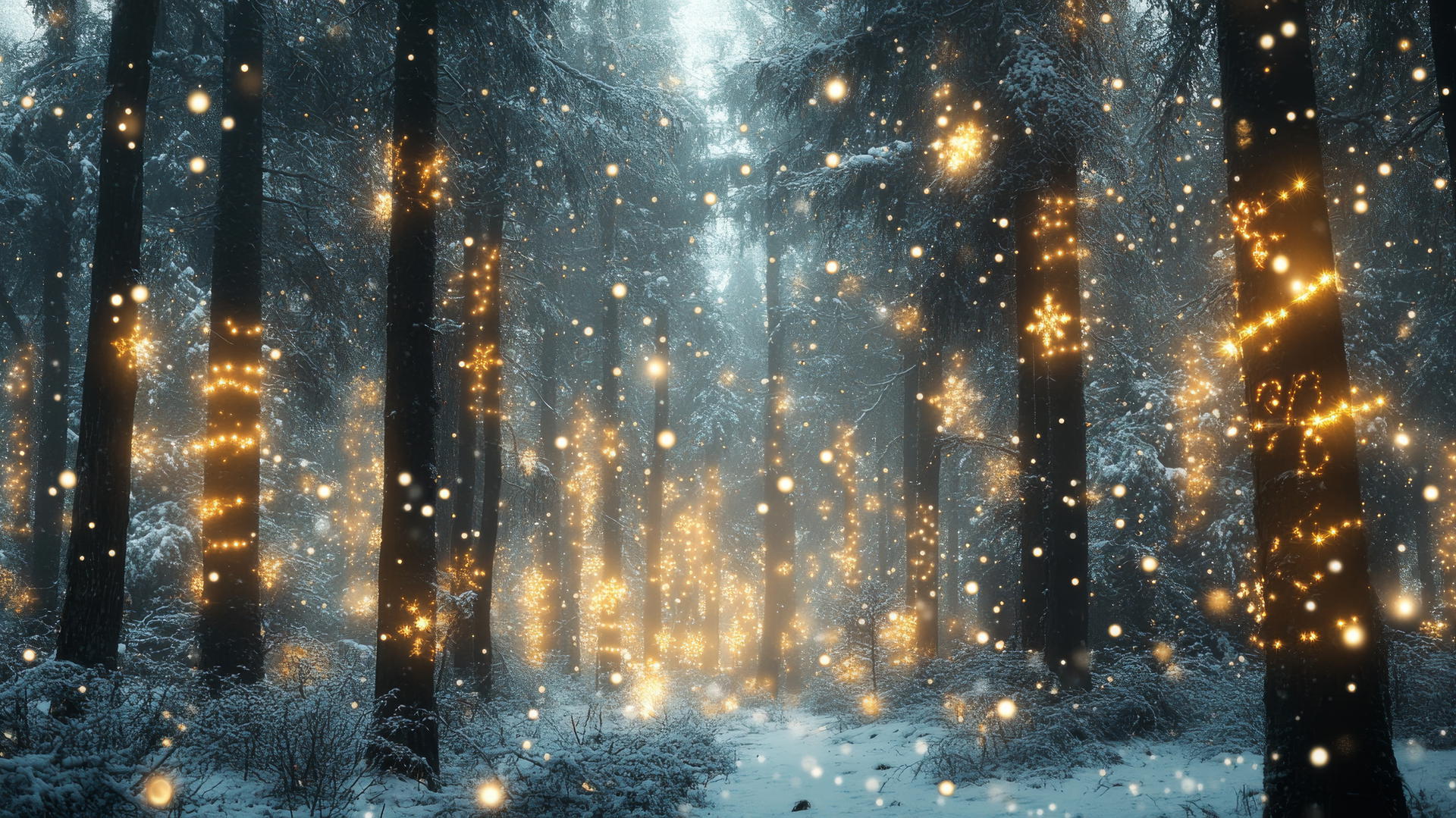 winter wonderland wallpaper with glowing fairy lights in snow-draped forest