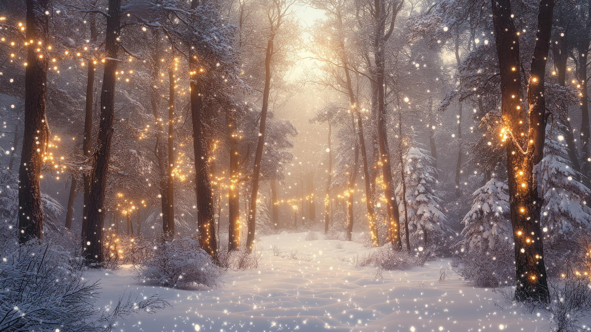 whimsical winter forest with snow-draped trees and glowing fairy lights
