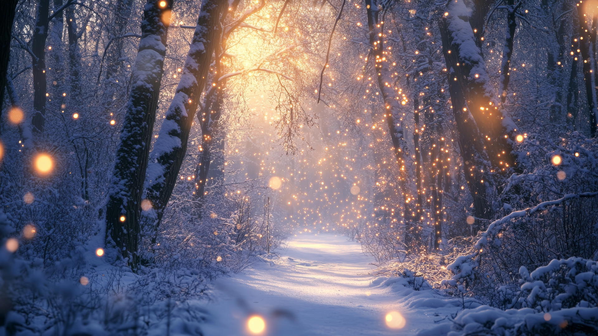 Winter wonderland wallpaper in a whimsical forest with snow-draped trees and fairy lights.
