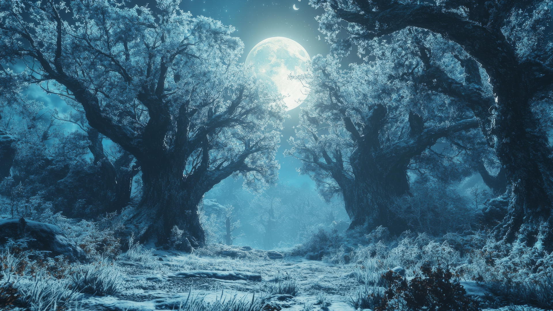 winter background wallpaper featuring a mystical forest with frosted ancient trees under a full moon