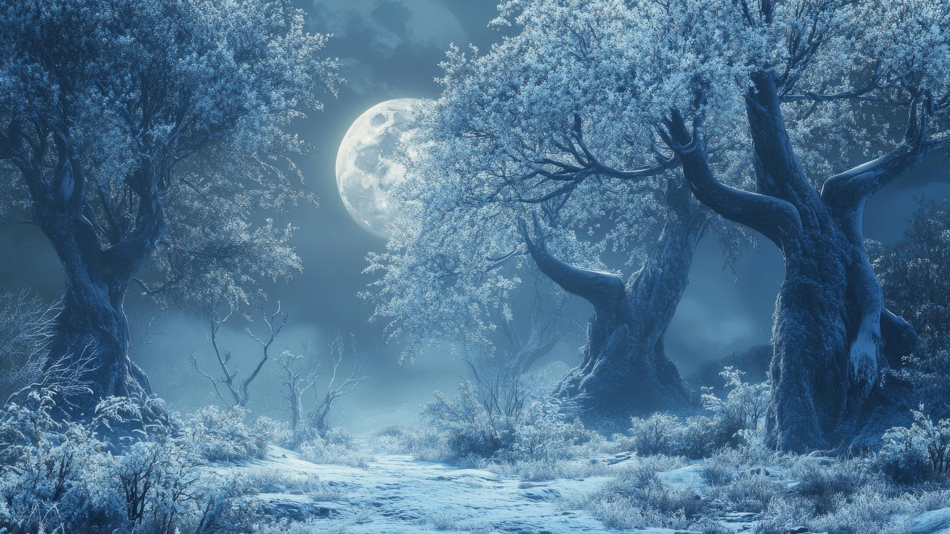 winter background wallpaper: mystical forest, ancient trees, full moon