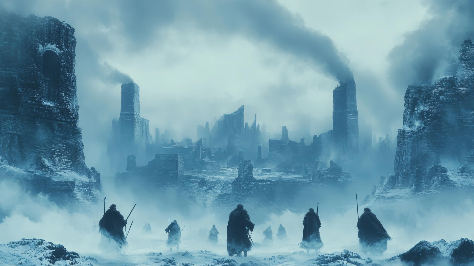 Dramatic winter battlefield with ancient ruins, warriors amid snowstorm, winter background wallpaper