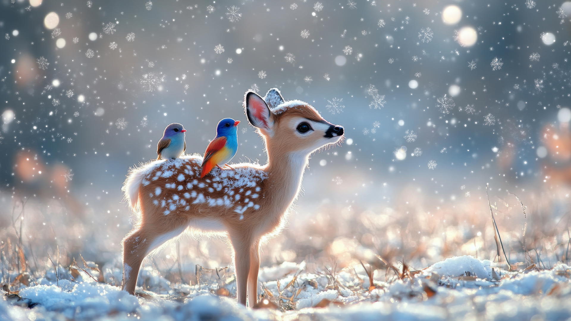 cute winter wallpaper of a baby deer with fuzzy antlers in a snowy field with birds on its back