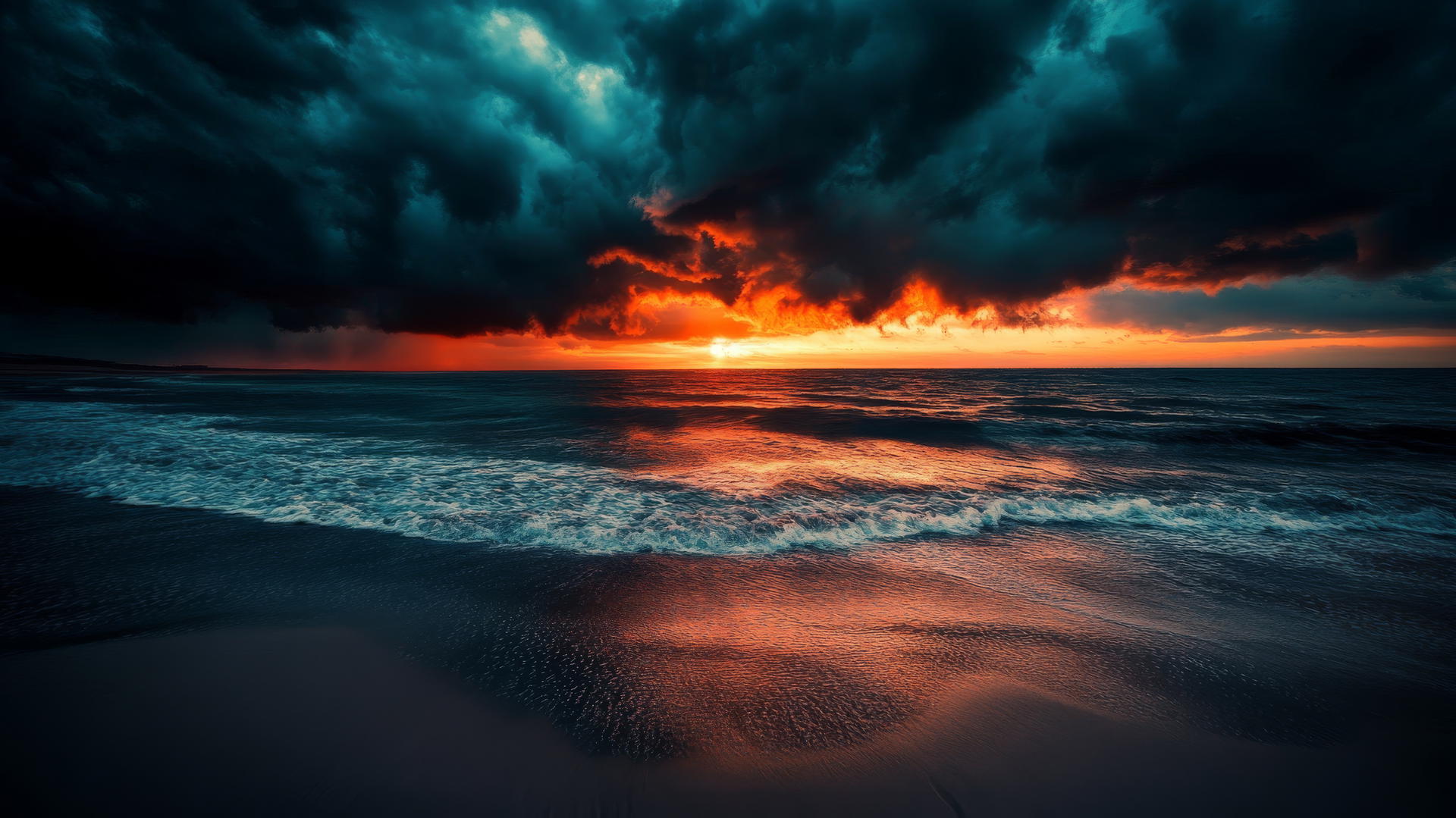 Dramatic beach wallpaper with stormy sunset and dark clouds over the ocean.