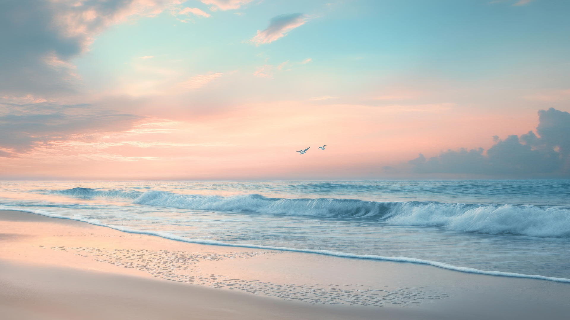 wallpaper beach with pastel sunrise, gentle waves, and seagulls