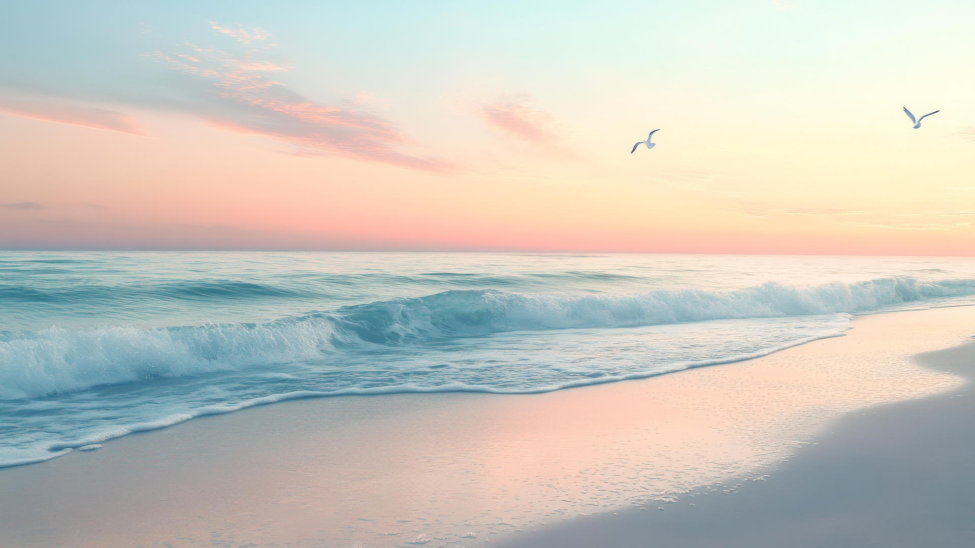 wallpaper beach at sunrise with pastel sky and gentle waves