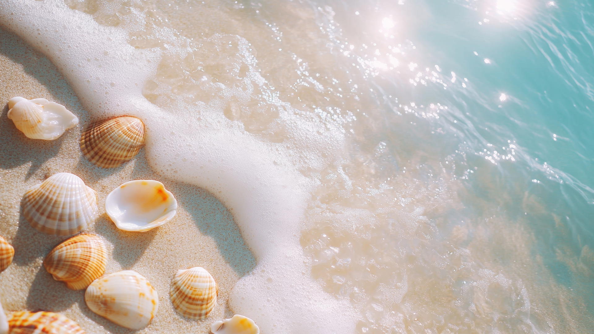 beach aesthetic wallpaper with muted golden sand, soft blue waters, seashells, and driftwood