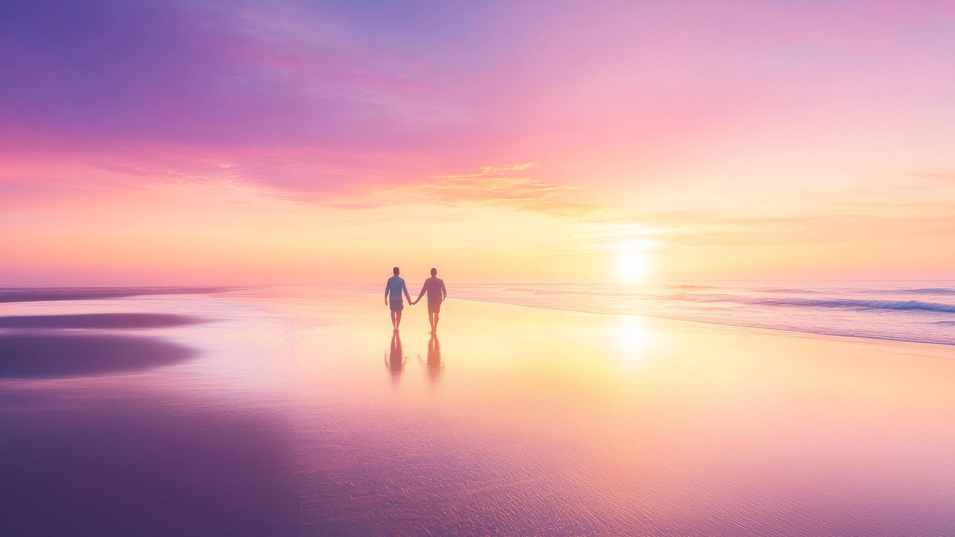 beach sunset wallpaper with pastel pink and lavender skies and a couple walking by the water