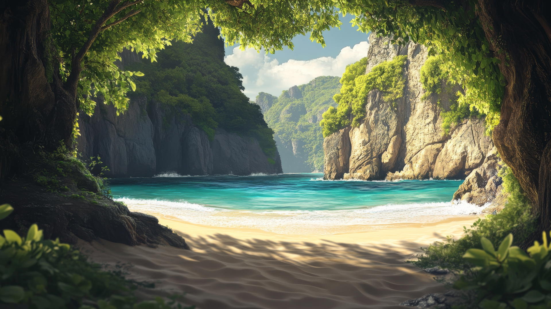 beach background wallpaper with a quiet cove, soft sand, rugged rocks, and gentle waves